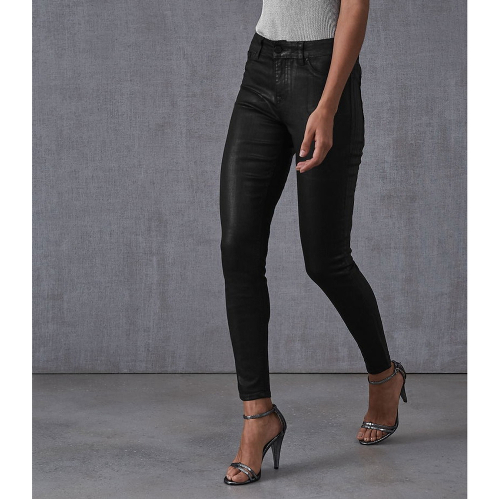 REISS Black Coated Skinny Jeans Size 29 | Faux Leather High Rise
